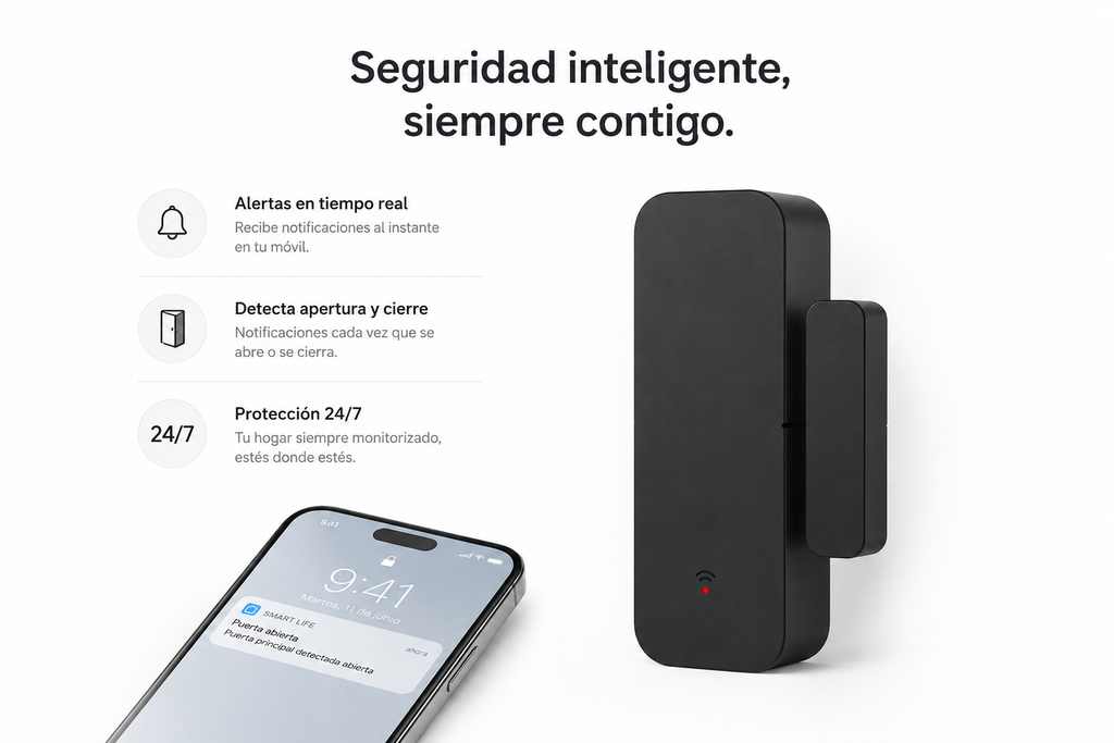 Sensor de Puerta y Ventana WiFi — Alertas instantáneas en tu móvil cuando alguien entra.